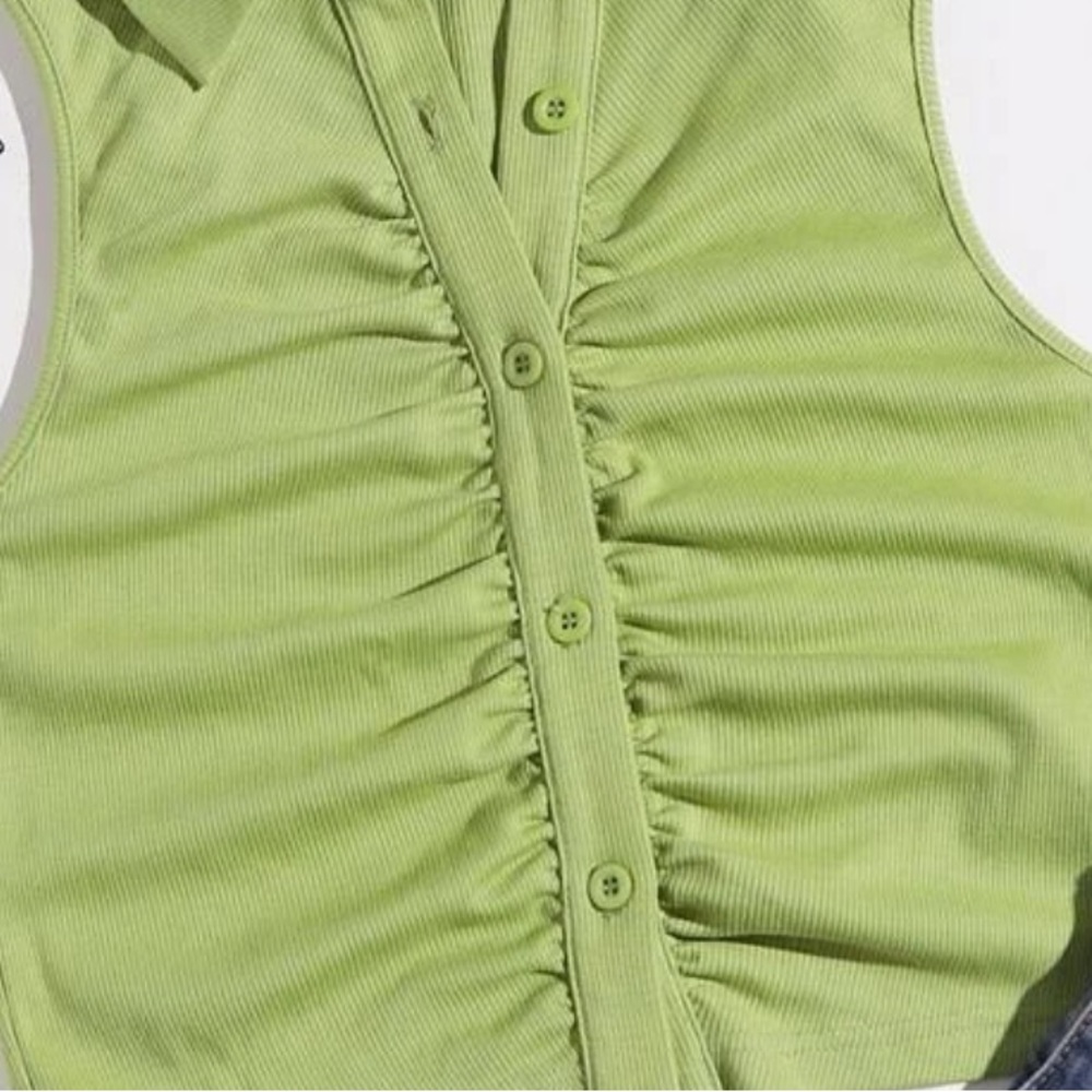 Green Ruched Ribbed Cropped Tank Vest Top - Picture 5 of 5